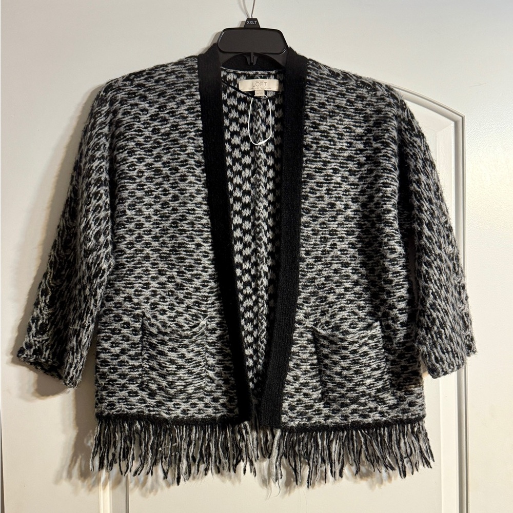 LOFT Open Front Cardigan Womens XS Black White Italian Yarn Fringe Layering